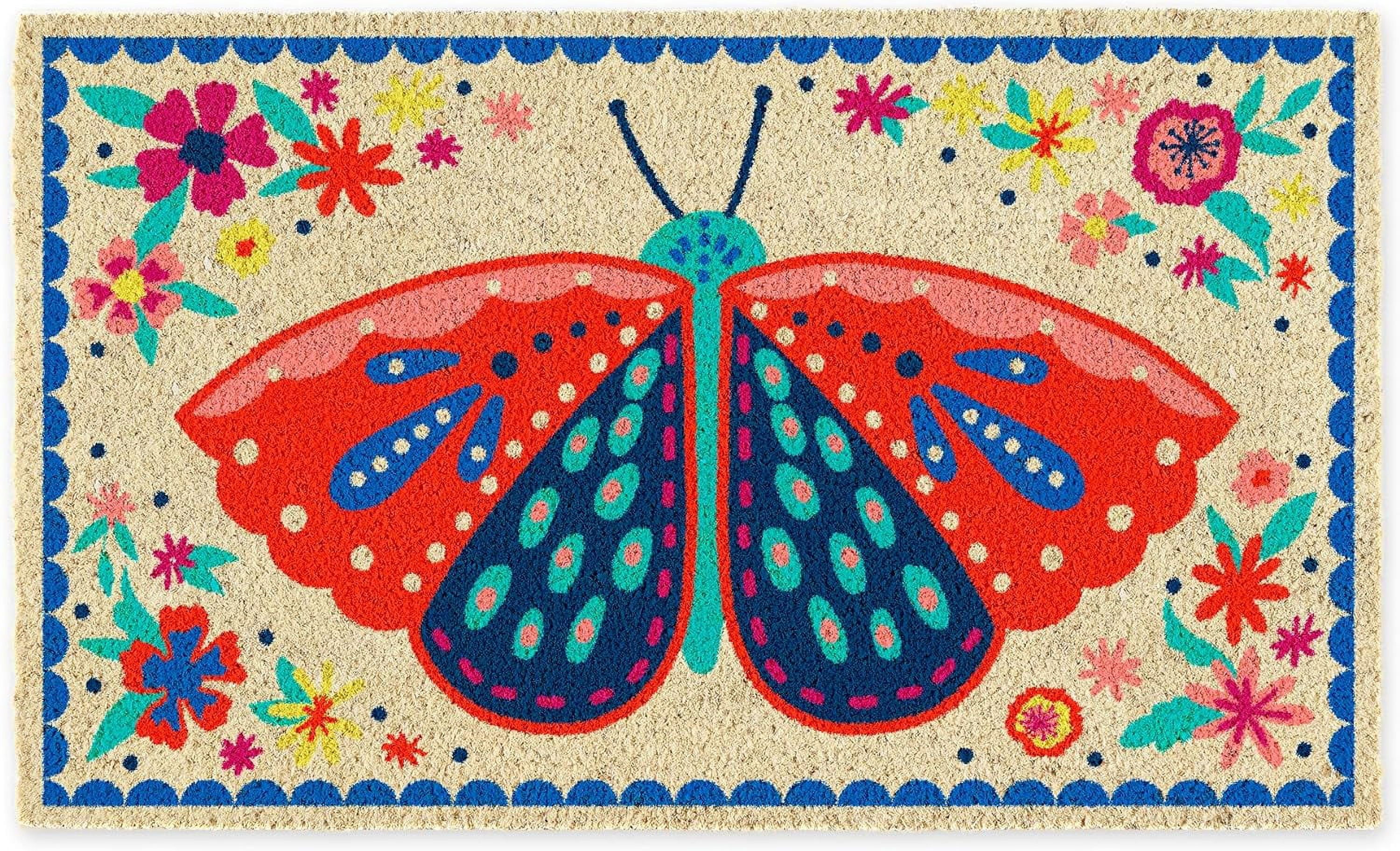 Natural Coir Doormat Outdoor Welcome Mat, 17x29, Folk Butterfly
