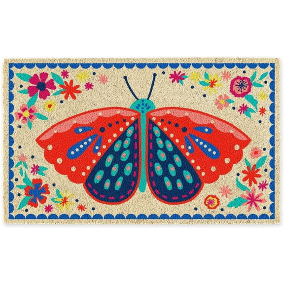 Natural Coir Doormat Outdoor Welcome Mat, 17x29, Folk Butterfly