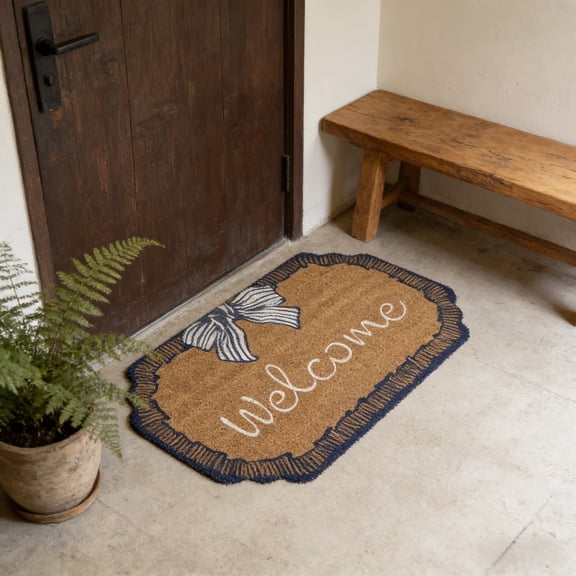 Natural Coir Welcome Doormat Bow, Front Door Mat, Non Slip Entryway Rug, Durable Coconut Fiber Mat, Farmhouse Style Welcome Ma, Heavy Duty Doormat, for Home Entrance Porch Patio Outdoor