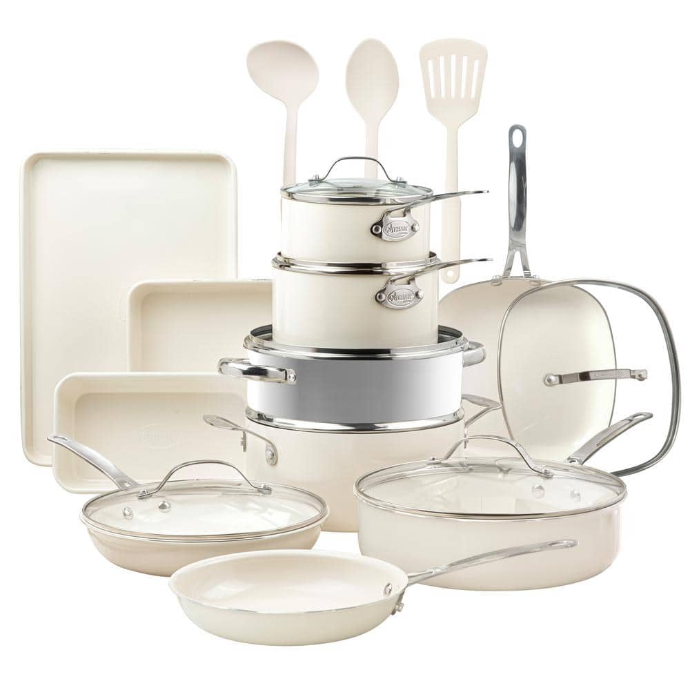 Cream 20-Piece Nonstick Stainless Steel Cookware Set with Lids