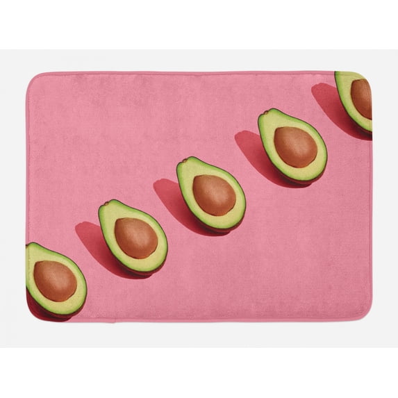 Natural Color Bath Mat, Fruit Art Line of Halved Fresh Avocados, Plush Bathroom Decor Mat with Non Slip Backing, 29.5" X 17.5", Pink Multicolor, by Ambesonne