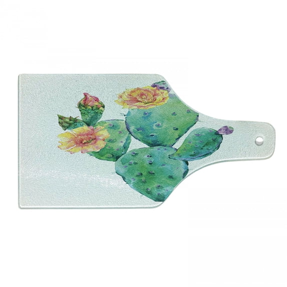 Natural Color Cutting Board, Watercolor Art Painting of an Exotic Cactus Plant with Flowers Bloom, Decorative Tempered Glass Cutting and Serving Board, in 3 Sizes, by Ambesonne