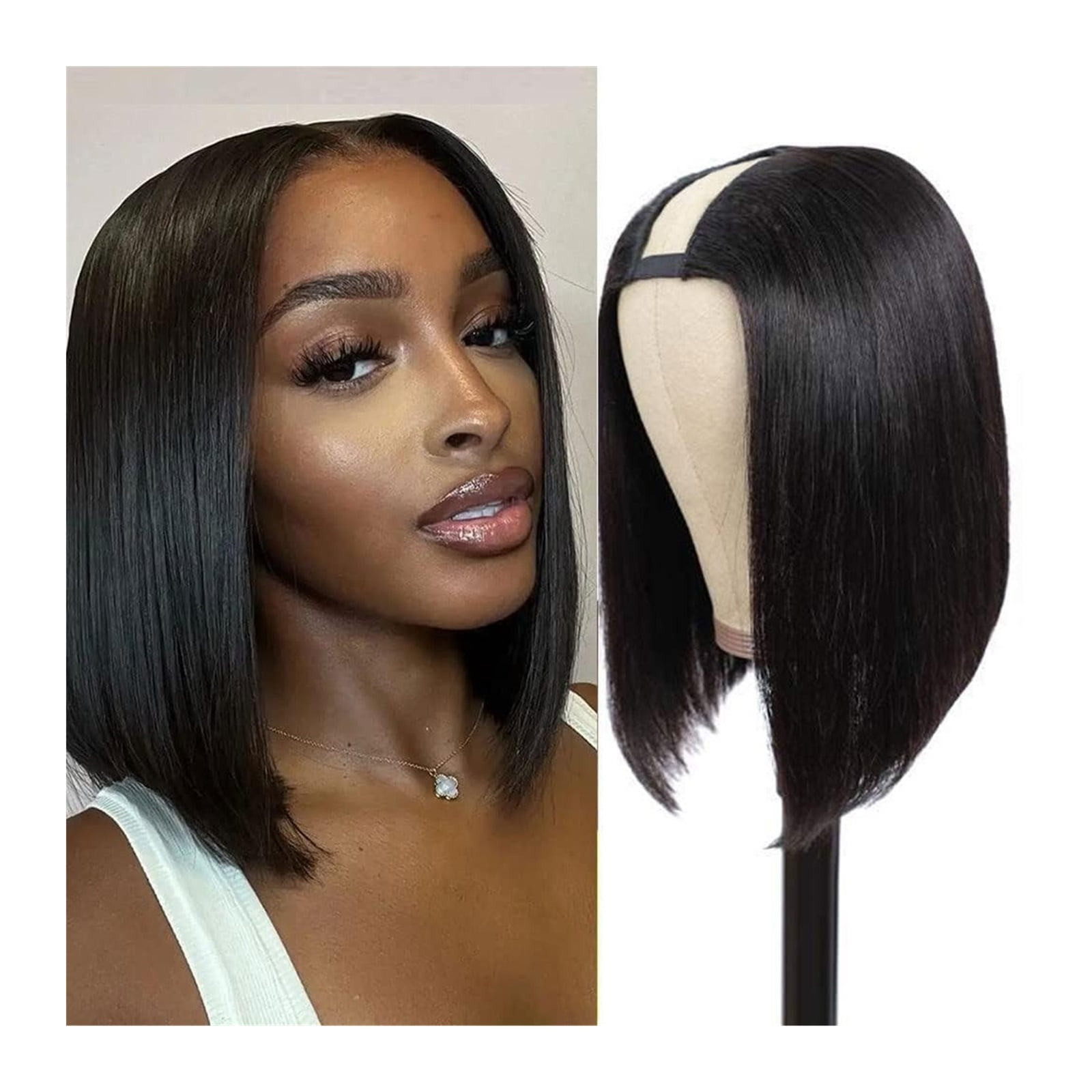 Natural Color Full Head Short Straight Wig Human Hair Glueless U Part Wigs  Clip in Half Wig For Women Brazilian Human Hair