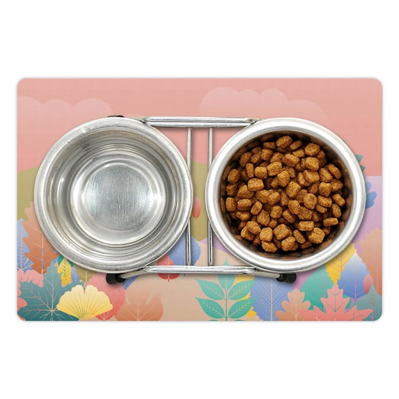 Natural Color Pet Mat for Food and Water, Pastel Colorful Dreamy Botanical Landscape with Abstract Autumn Leaves, Non-Slip Rubber Mat for Dogs and Cats, 18" X 12", by Ambesonne