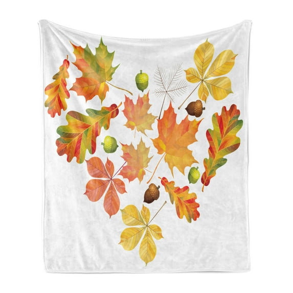 Natural Color Soft Flannel Fleece Throw Blanket, Autumn Love Themed Heart Shape from Fallen Leaves and Acorns Print, Cozy Plush for Indoor and Outdoor Use, 50" x 60", Multicolor, by Ambesonne