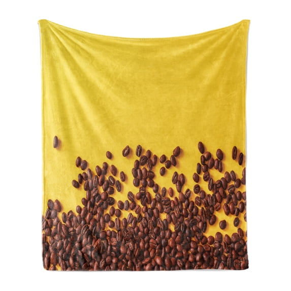 Natural Color Soft Flannel Fleece Throw Blanket, Coffee Lover Themed Sprinkled Beans Photo Print Caffeine Drink, Cozy Plush for Indoor and Outdoor Use, 60" x 80", Mustard and Redbrown, by Ambesonne