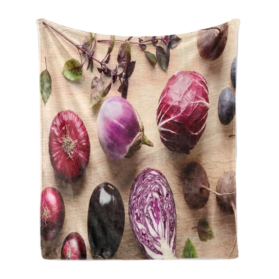 Natural Color Soft Flannel Fleece Throw Blanket, Healthy Food Above Vista Photo of Fresh Vegetables and Figs, Cozy Plush for Indoor and Outdoor Use, 60" x 80", Champagne and Multicolor, by Ambesonne