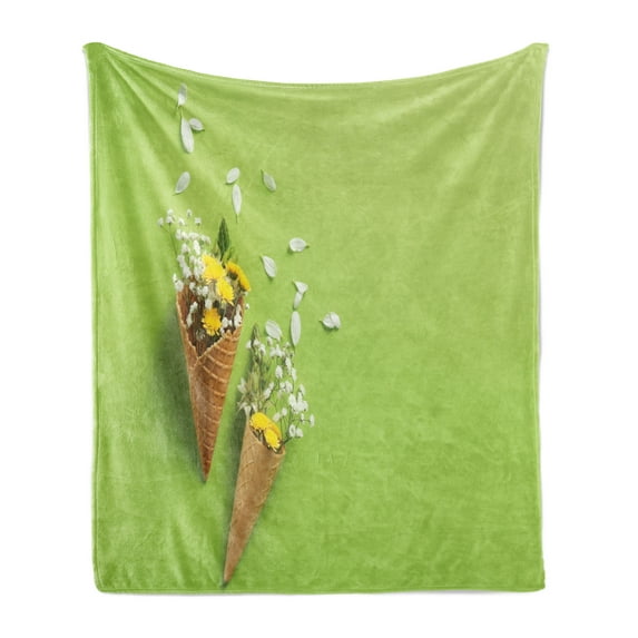Natural Color Soft Flannel Fleece Throw Blanket, Spring Meadow Flowers in Ice Cream Cones Photo, Cozy Plush for Indoor and Outdoor Use, 50" x 70", Pink Multicolor, by Ambesonne