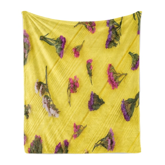 Natural Color Soft Flannel Fleece Throw Blanket, Spring Themed Photo of Limonium Statice Flowers on Table, Cozy Plush for Indoor and Outdoor Use, 70" x 90", Pastel Yellow Multicolor, by Ambesonne