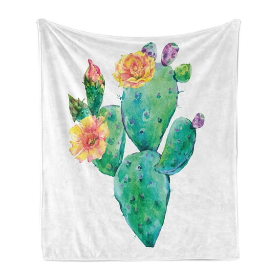 Natural Color Soft Flannel Fleece Throw Blanket, Watercolor Art Painting of an Exotic Cactus Plant with Flowers Bloom, Cozy Plush for Indoor and Outdoor Use, 60" x 80", Multicolor, by Ambesonne