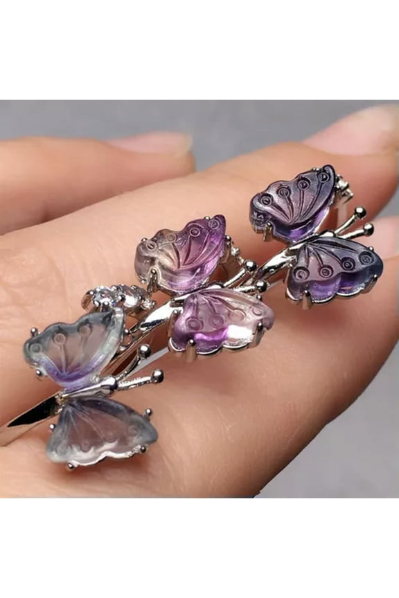 Natural Colourful Mini Crystal Fluorite Butterfly Ring Adjustable Healing Gifts