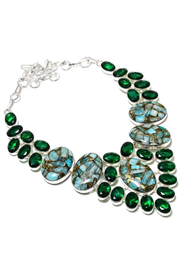 Natural Copper Amazonite,Diopside Gemstone 925 Sterling Silver Necklace 18"