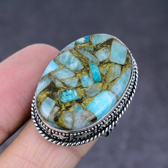 Natural Copper Amazonite Gemstone Handmade 925 Sterling Silver Ring Size 8
