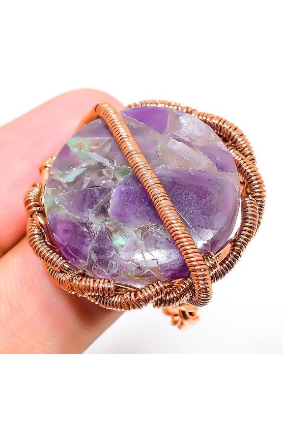 Natural Copper Amethyst Gemstone Handmade Copper Wire Wrap Ring Size 9
