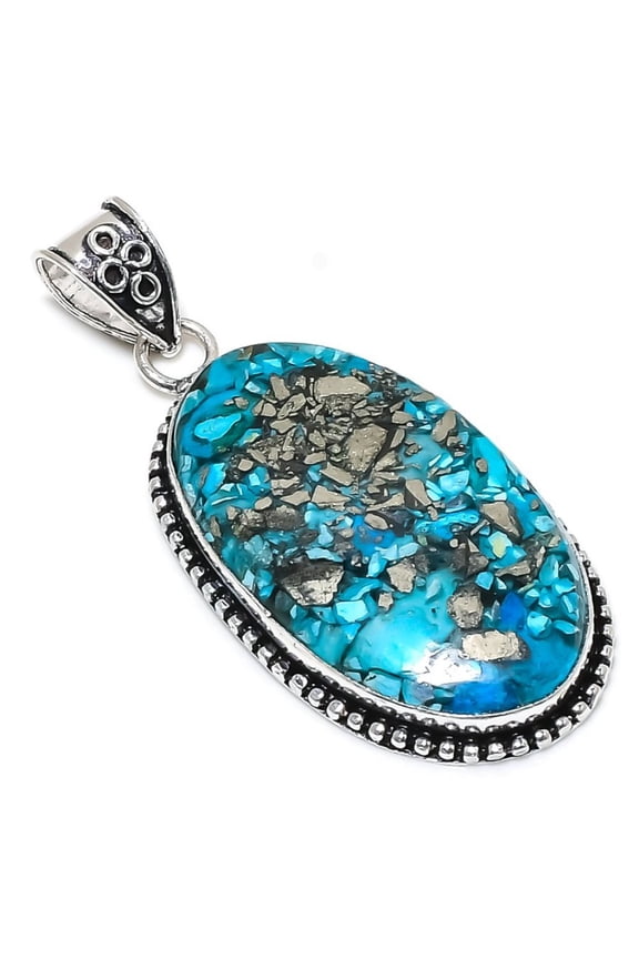 Natural Copper Blue Turquoise Gemstone 925 Sterling Silver Pendant 2.56"