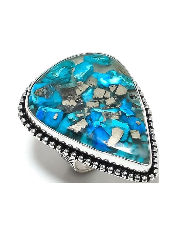 Natural Copper Blue Turquoise Gemstone 925 Sterling Silver Ring Size 6.5