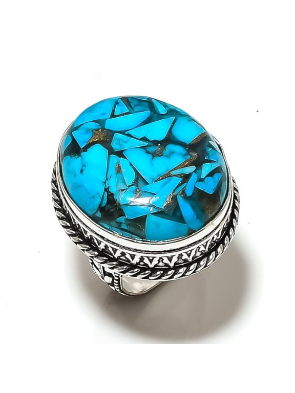 Natural Copper Blue Turquoise Gemstone 925 Sterling Silver Ring Size 6