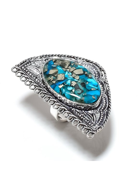 Natural Copper Blue Turquoise Gemstone 925 Sterling Silver Ring Size 7