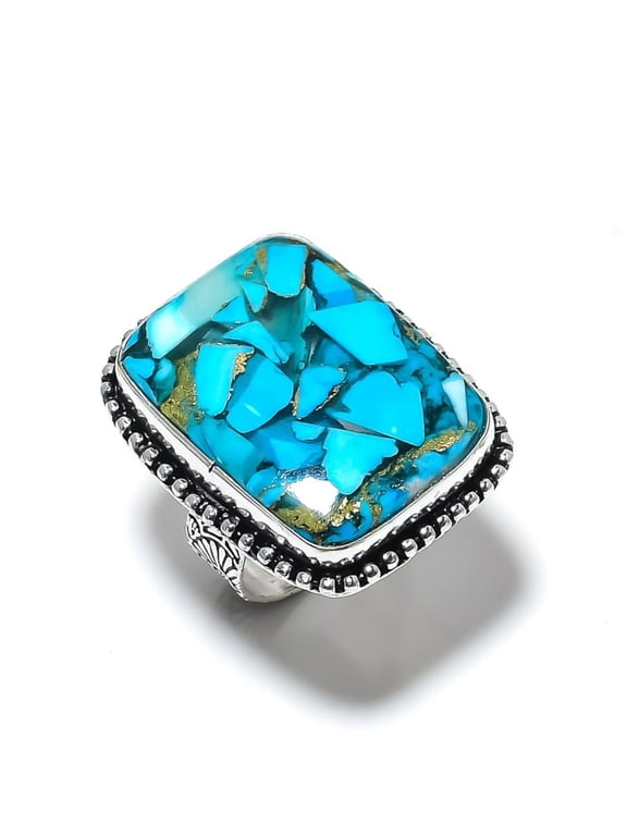 Natural Copper Blue Turquoise Gemstone 925 Sterling Silver Ring Size 8.5