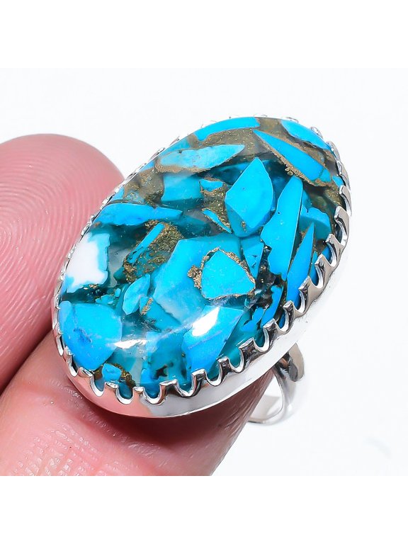 Natural Copper Blue Turquoise Gemstone 925 Sterling Silver Ring Size 8