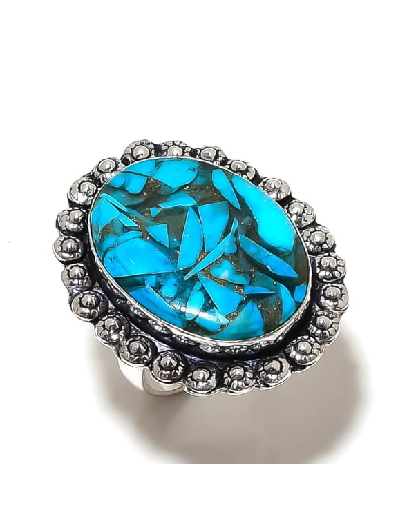 Natural Copper Blue Turquoise Gemstone 925 Sterling Silver Ring Size 9