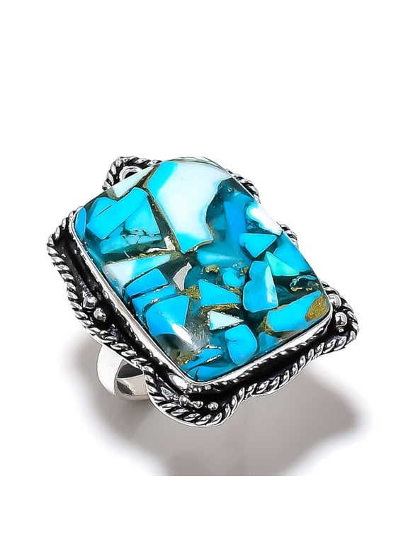 Natural Copper Blue Turquoise Handmade 925 Sterling Silver Ring Size 7