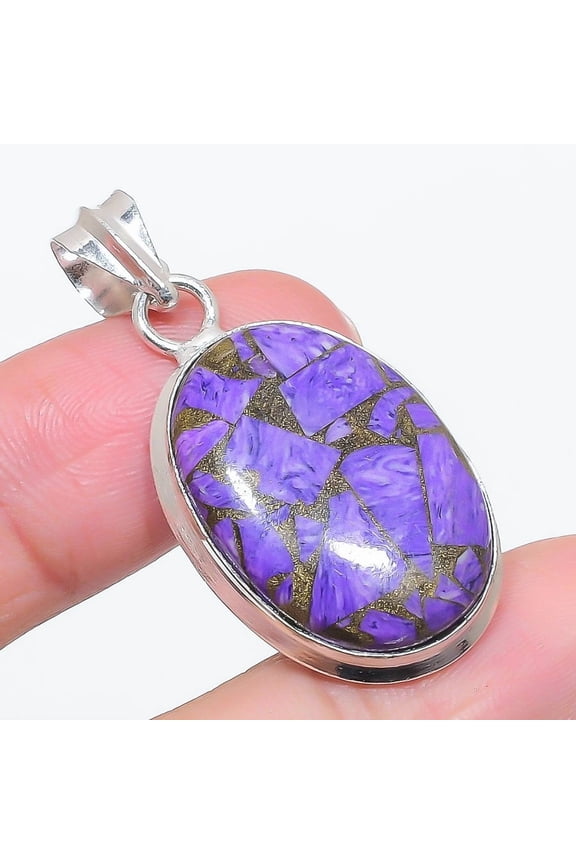 Natural Copper Charoite Gemstone 925 Sterling Silver Jewelry Pendant 1.77"