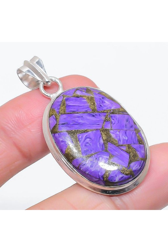 Natural Copper Charoite Gemstone 925 Sterling Silver Jewelry Pendant 1.89"