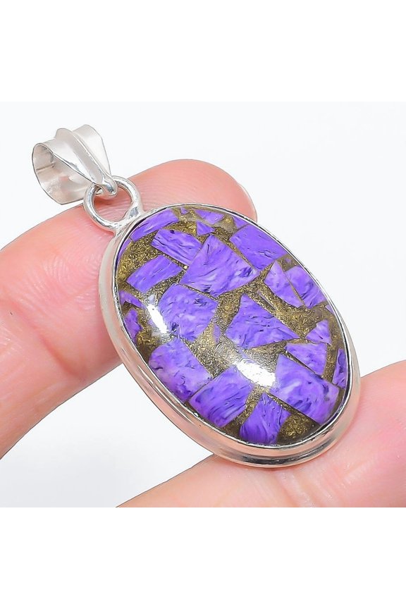 Natural Copper Charoite Gemstone 925 Sterling Silver Jewelry Pendant 1.89"