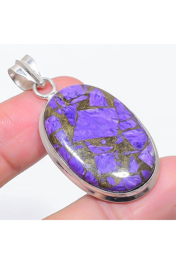 Natural Copper Charoite Gemstone 925 Sterling Silver Jewelry Pendant 1.97"