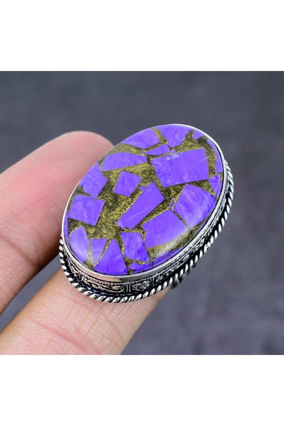 Natural Copper Charoite Gemstone Handmade 925 Sterling Silver Ring Size 8.5