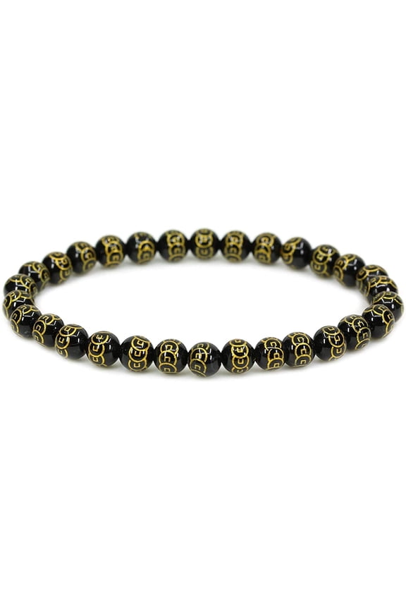 Natural Copper Coins Black Agate Gemstone 6mm Round Beads Stretch Bracelet 7" Unisex