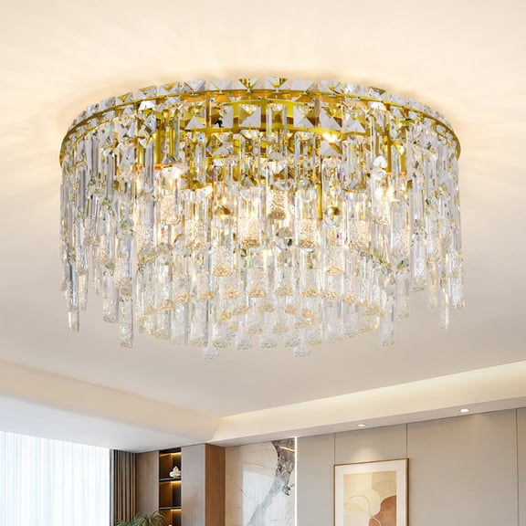 Natural Copper Gold 3-Tier K9 Crystal Round Flush Mount Chandelier, 9-Light 22.4 Inch Close-to-Ceiling Crystal Ceiling Light Fixture for Living Room Bedroom Dining Room Kitchen Island