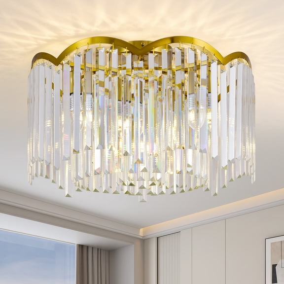 Natural Copper Gold 9-Light K9 Crystal Flush Mount Ceiling Light, 20.9 Inch Round Close to Ceiling Crystal Chandelier Lighting Fixture for Living Room Bedroom Dining Room Kitchen Island Entryway