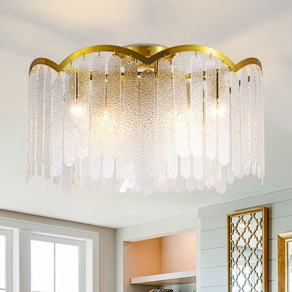 Natural Copper Gold Finish Crystal Flush Mount Ceiling Light, 9-Light 22.4 Inch Round Close to Ceiling Crystal Chandelier Lighting Fixture for Living Room Bedroom Dining Room Kitchen Island Entryway