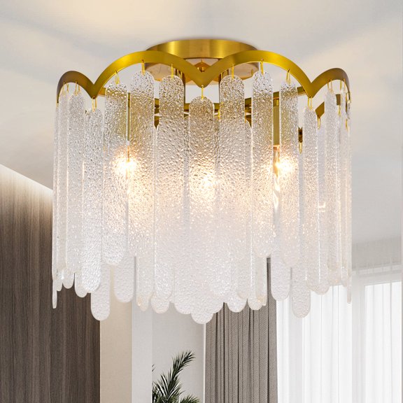 Natural Copper Gold Finish Water Ripple Crystal Flush Mount Ceiling Light, 5-Light 15 Inch Round Close to Ceiling Crystal Chandelier Lighting Fixture for Bedroom Dining Room Kitchen Island Entryway
