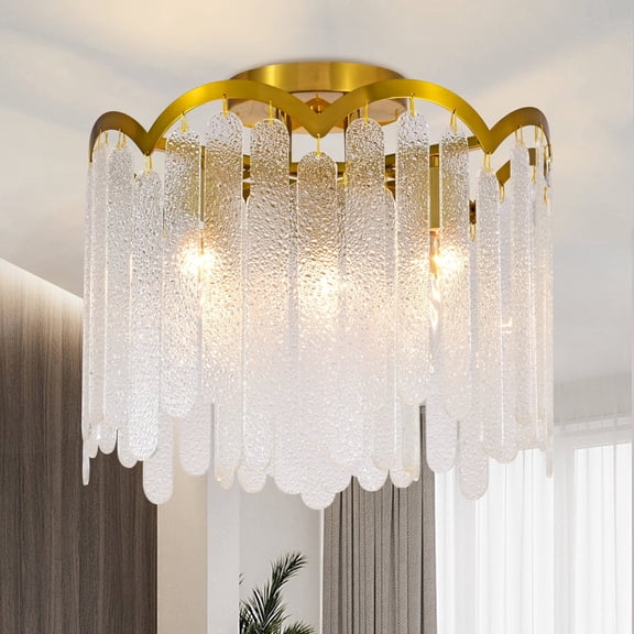 Natural Copper Gold Finish Water Ripple Crystal Flush Mount Ceiling Light, 5-Light 15 Inch Round Close to Ceiling Crystal Chandelier Lighting Fixture for Bedroom Dining Room Kitchen Island Entryway
