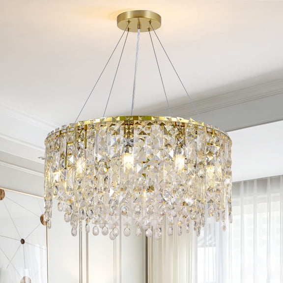 Natural Copper Gold Two-Tier K9 Crystal Round Pendant Chandelier, 10-Light 23.6 Inch Hanging Crystal Ceiling Light Fixture with Adjustable Cord for Living Room Bedroom Dining Room