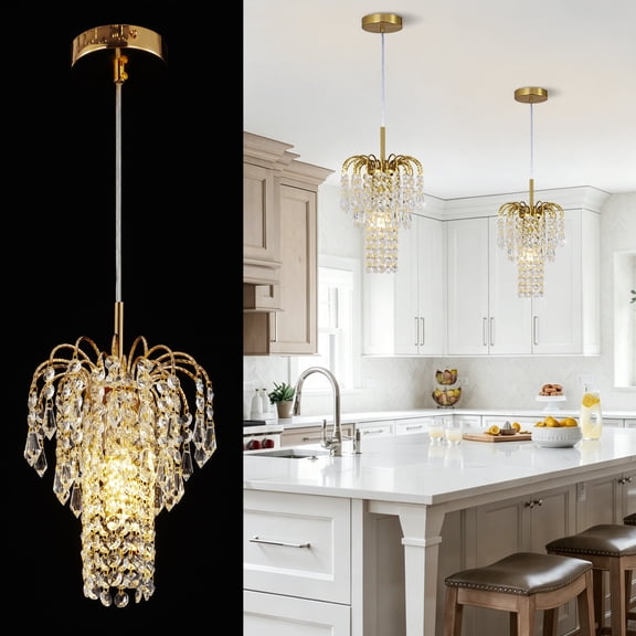 Natural Copper Gold Waterfall Raindrop K9 Crystal Mini Pendant Light, Single Light Adjustable Hanging Crystal Ceiling Pendant Fixture for Kitchen Island, Bedroom, Dining Room, Bathroom