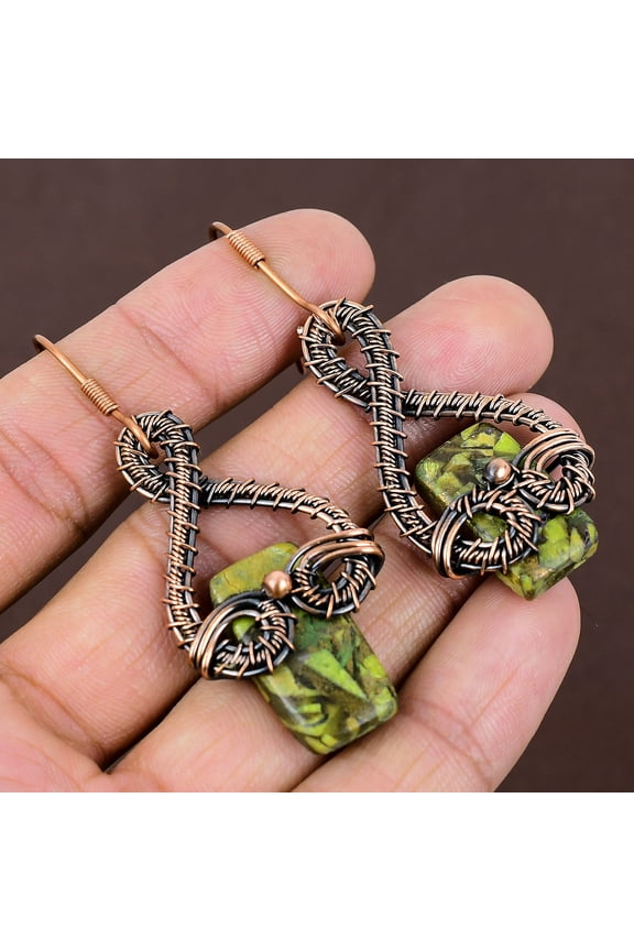 Natural Copper Green Turquoise Stone Handmade Copper Wire Wrap Earring 2.6