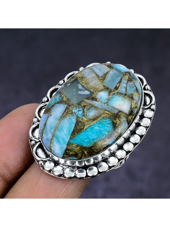 Natural Copper Larimar Gemstone 925 Sterling Silver Jewelry Ring Size 10