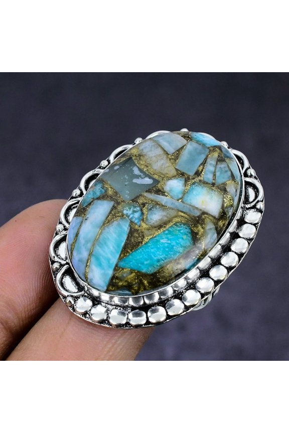 Natural Copper Larimar Gemstone 925 Sterling Silver Jewelry Ring Size 10