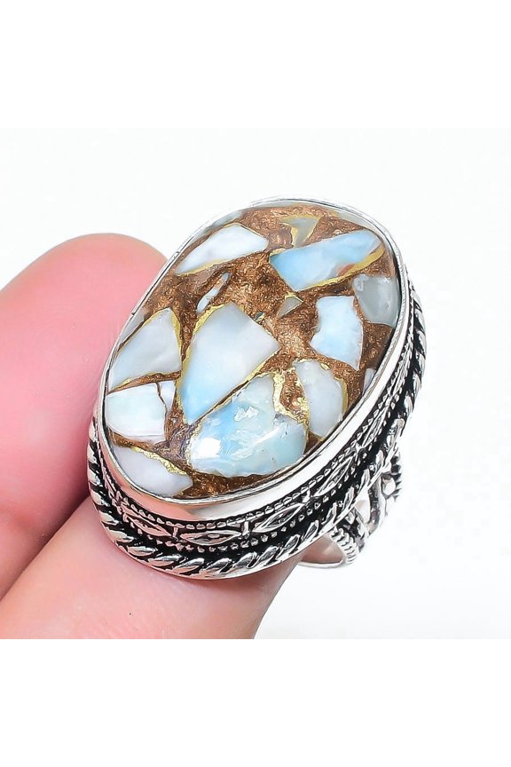 Natural Copper Larimar Gemstone 925 Sterling Silver Jewelry Ring Size 7