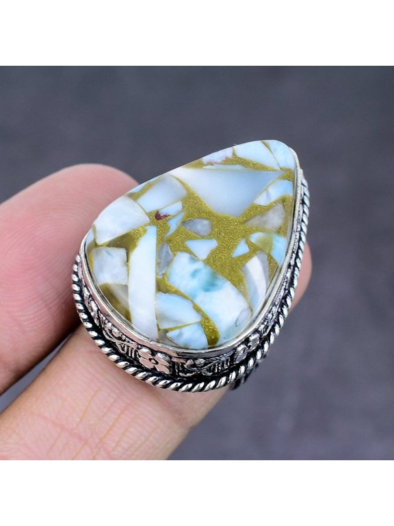 Natural Copper Larimar Gemstone Handmade 925 Sterling Silver Ring Size 7.5