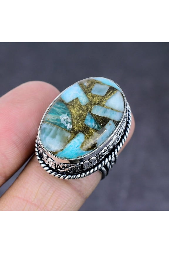Natural Copper Larimar Gemstone Handmade 925 Sterling Silver Ring Size 7