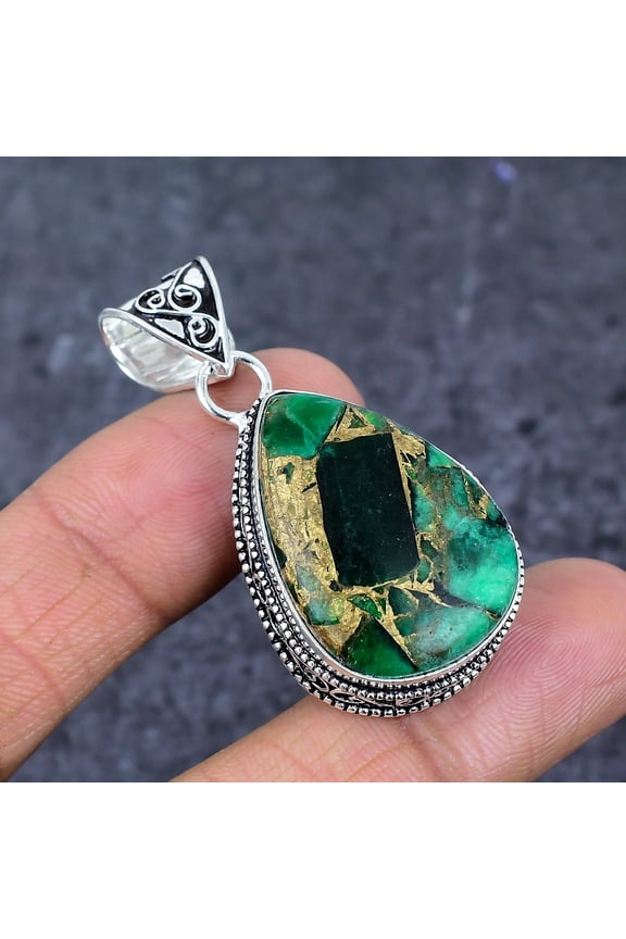 Natural Copper Malachite Gemstone 925 Sterling Silver Jewelry Pendant 1.97"