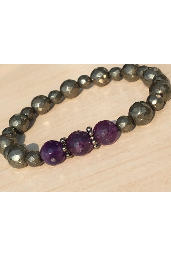 Natural Copper Pyrite & Amethyst 6-10mm round Shape faceted Cut Beads Stretchable Bracelet for Men & Women.