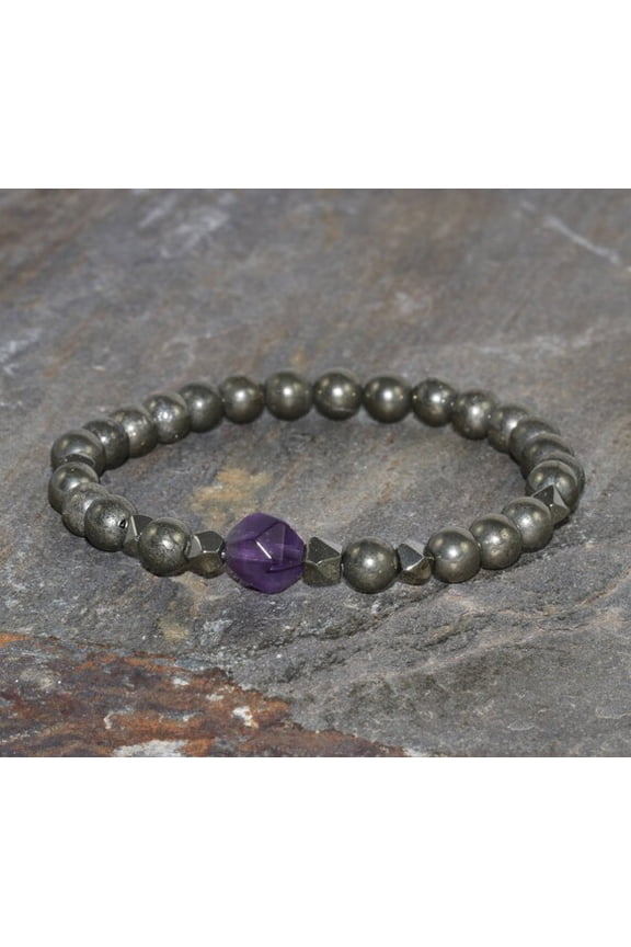 Natural Copper Pyrite With Amethyst 8mm round Shape Smooth Cut Beads Stretchable Bracelet for Men & Women.