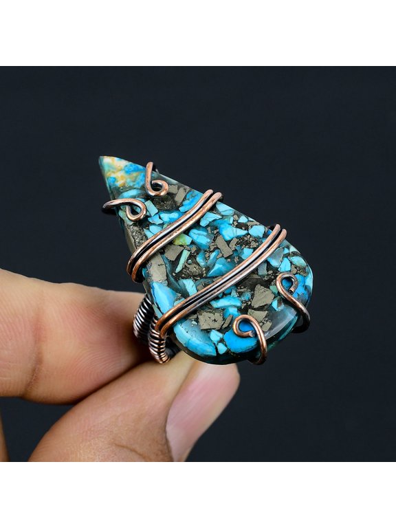 Natural Copper Turquoise Gemstone Handmade Copper Wire Wrap Ring Size 7