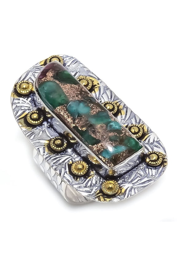 Natural Copper Zosite Gemstone 925 Sterling Silver Two Tone Ring Size 7.5